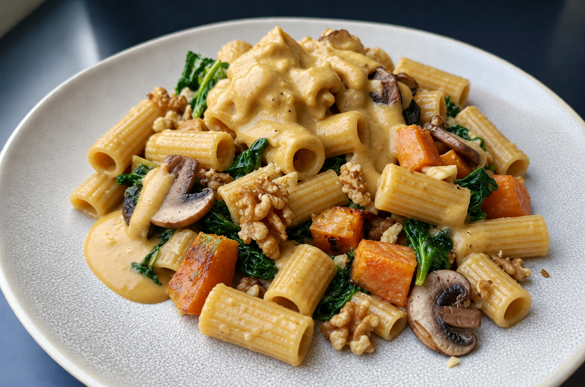 Rigatonni con salsa cremosa de calabaza, tempeh, nueces, espinacas y setas