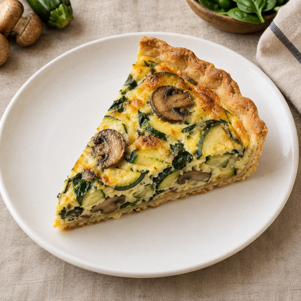 Quiche de verduras y setas (sin gluten) con ensalada de granada