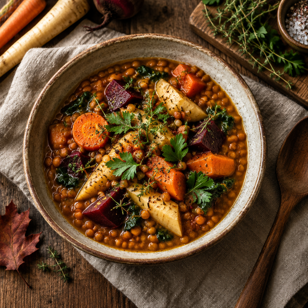 Lentejas estofadas con raíces de otoño y pesto de rúcula
