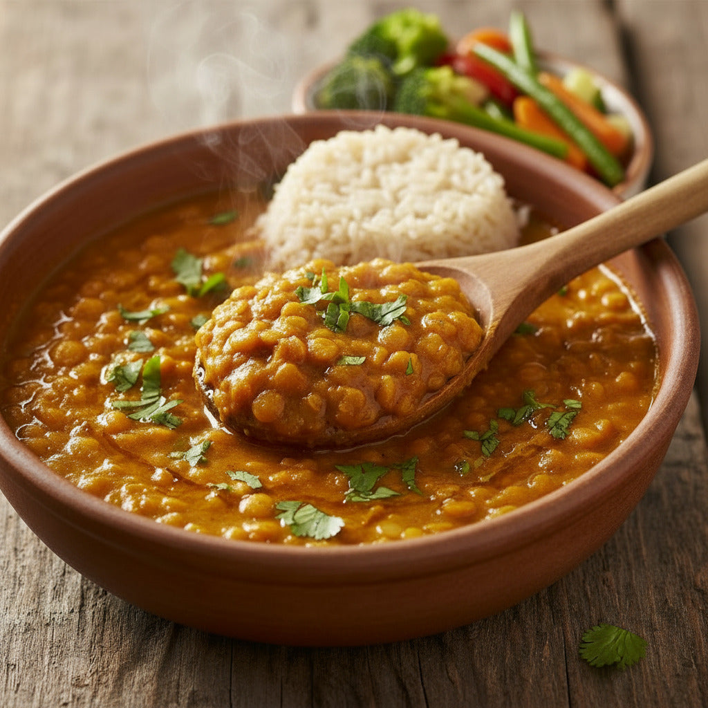 Dhal de lenteja roja, verduras al vapor, arroz y kimchi